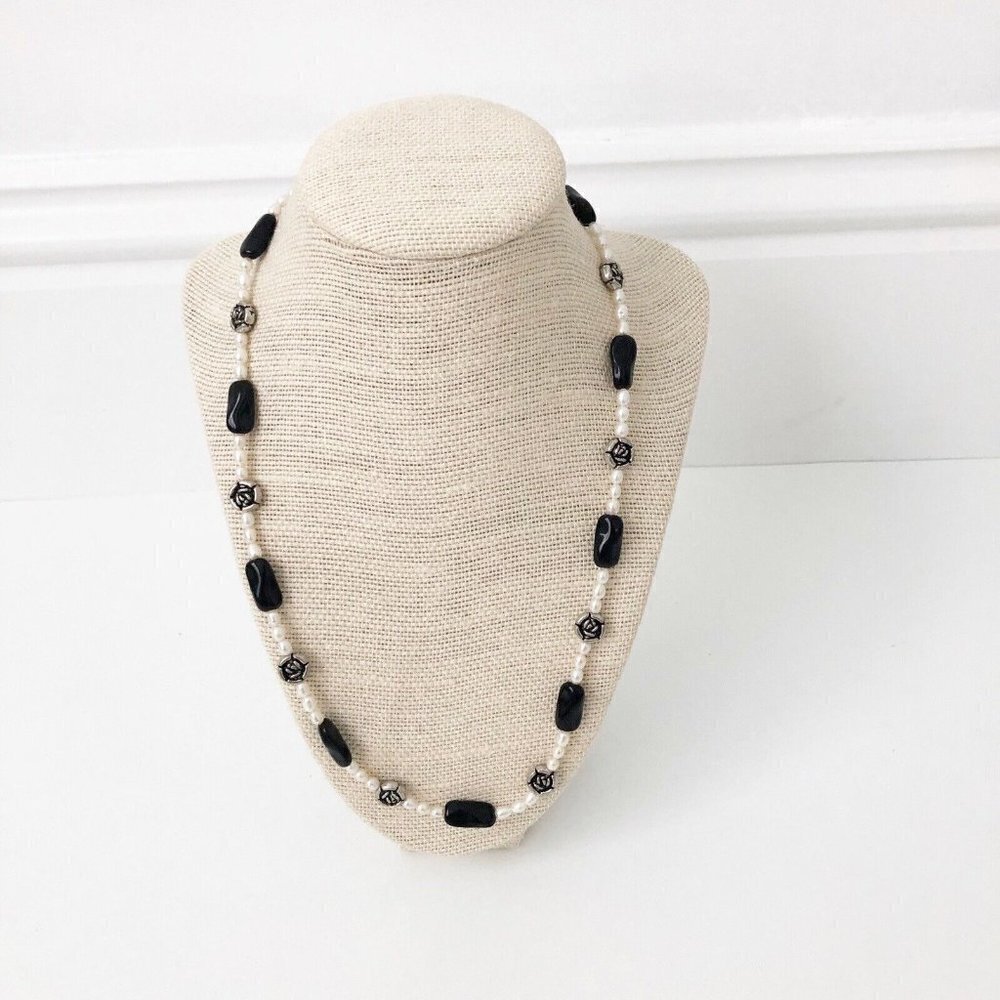 NWT Genuine Pearl, Black Onyx & Metallic Flowers Beads Necklace Black White